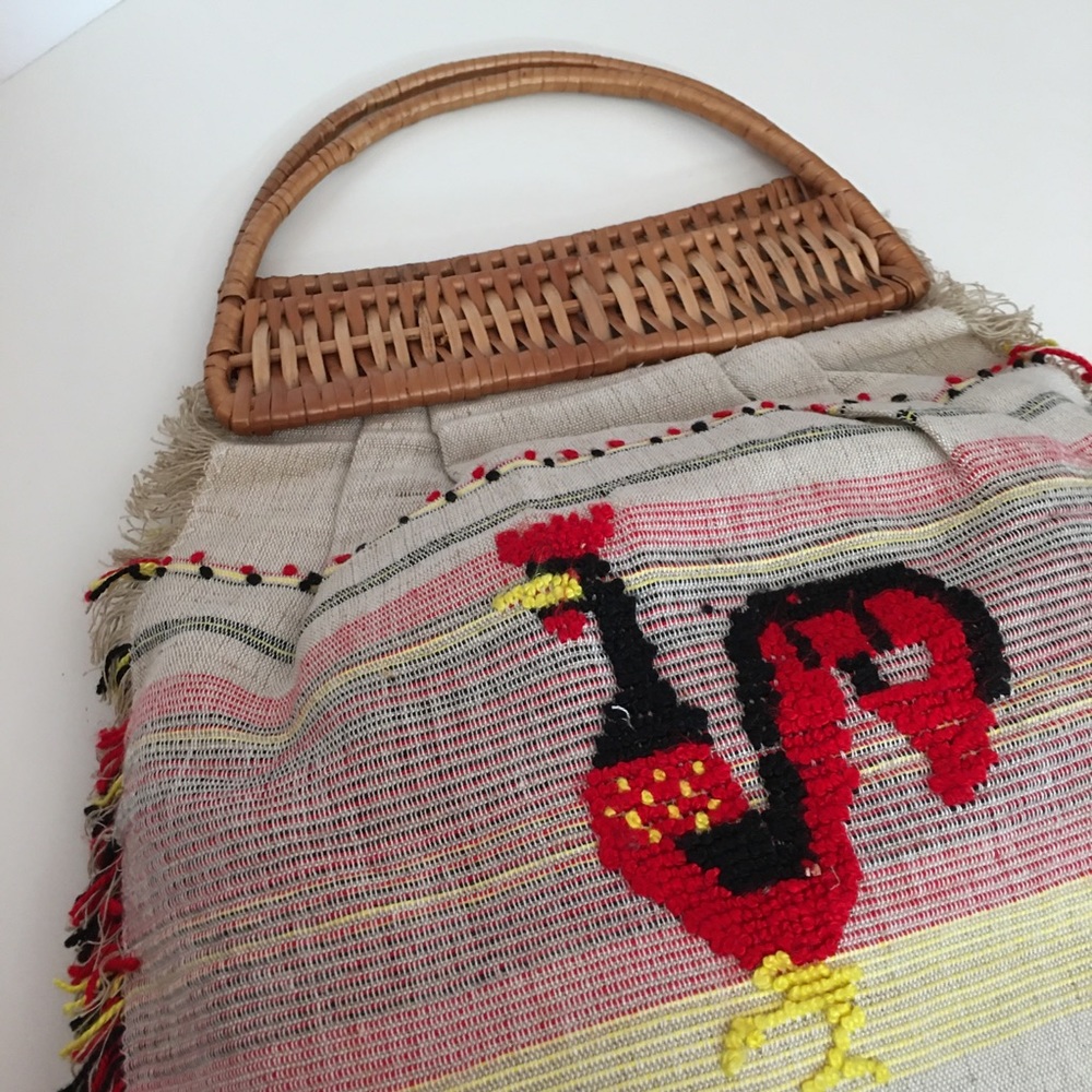 Vintage 1950 Retro Fabric Straw Rooster top handle made in Italy Market Tote Bag - Picture 13 of 14